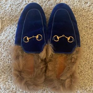 Royal Blue Gucci Princetown Mule with Lamb Fur